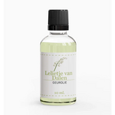 Glasfles met geurolie -lelietje van dalen, lichtgroen vloeistof, witte label, zwart deksel